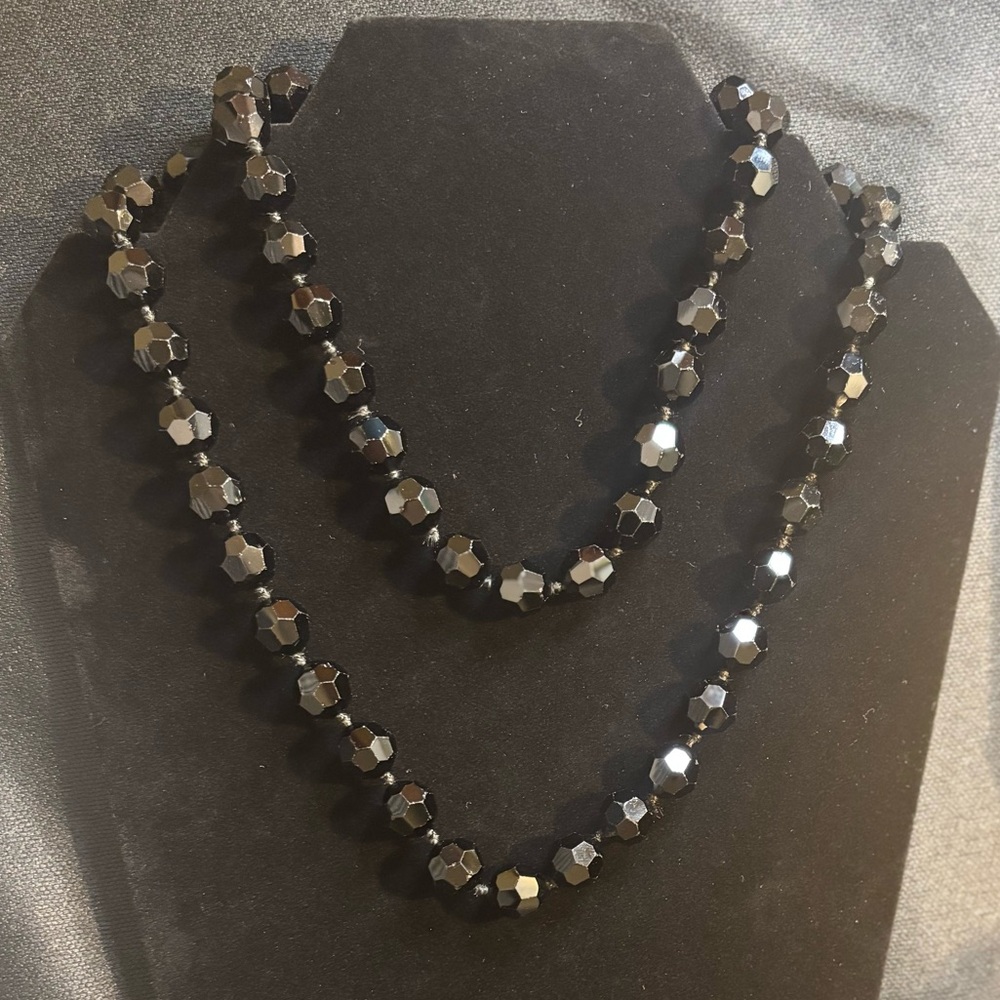 Les Bernard Vintage Knotted Black Faceted Glass Bead Necklace